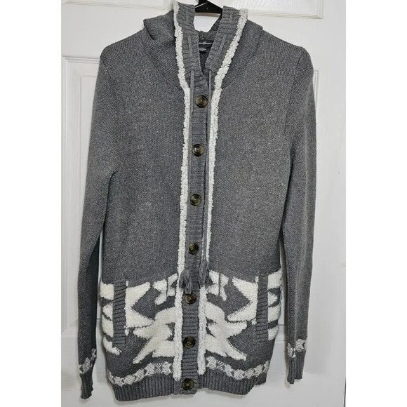Eddie Bauer Women's Long Hooded Sweater Large Gray Geometric Aztec Cardigan - Picture 1 of 10